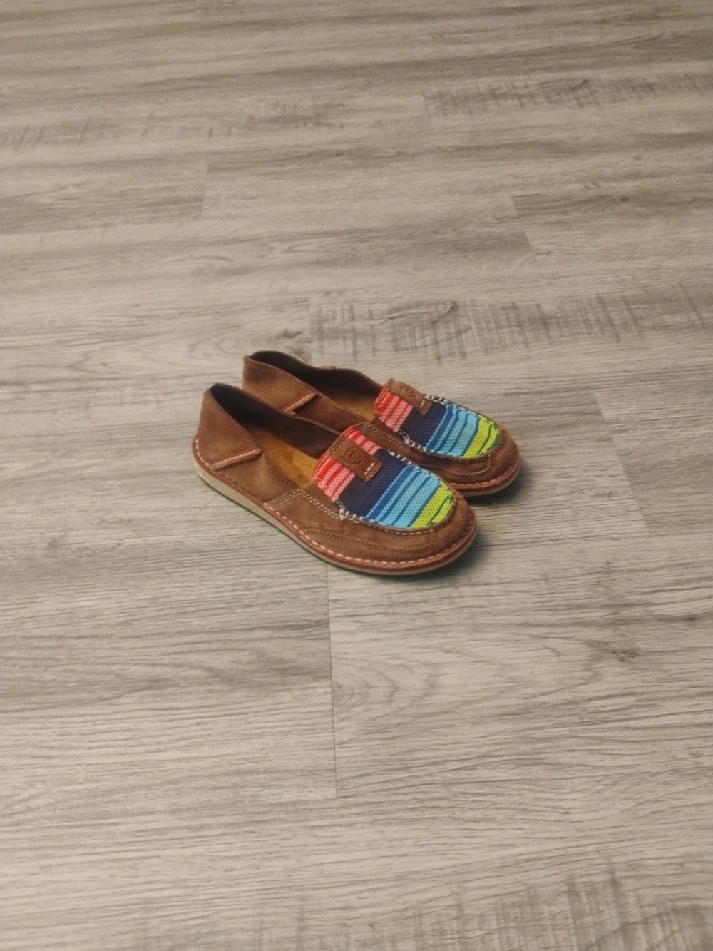 Brown Leather Slip-On Loafers with Multicolor Stripe Accent Women's Size 7B